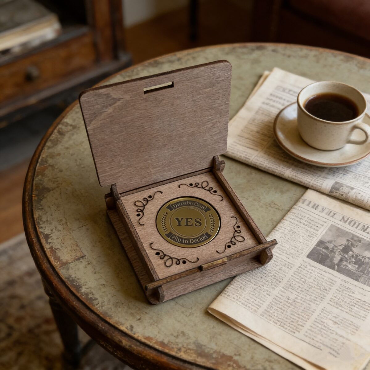 Creative Gift Decision Coin, Retro Square Wooden Decision Maker, Custom Solid Wood Gift Box, Desktop Ornament