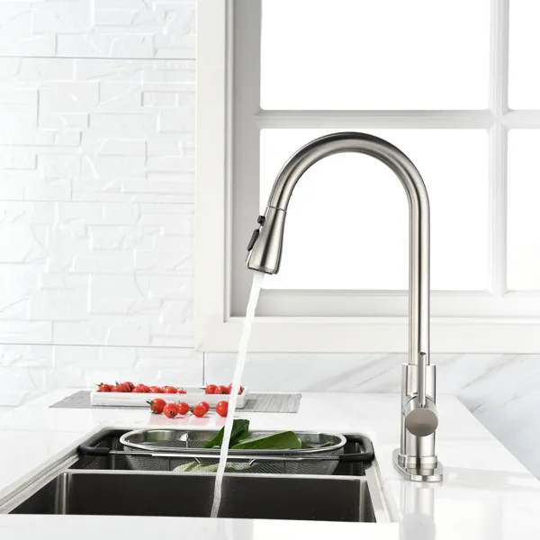 Single Handle High Arc Pull Out Kitchen Faucet; Single Level Stainless Steel Kitchen Sink Faucets with Pull Down Sprayer