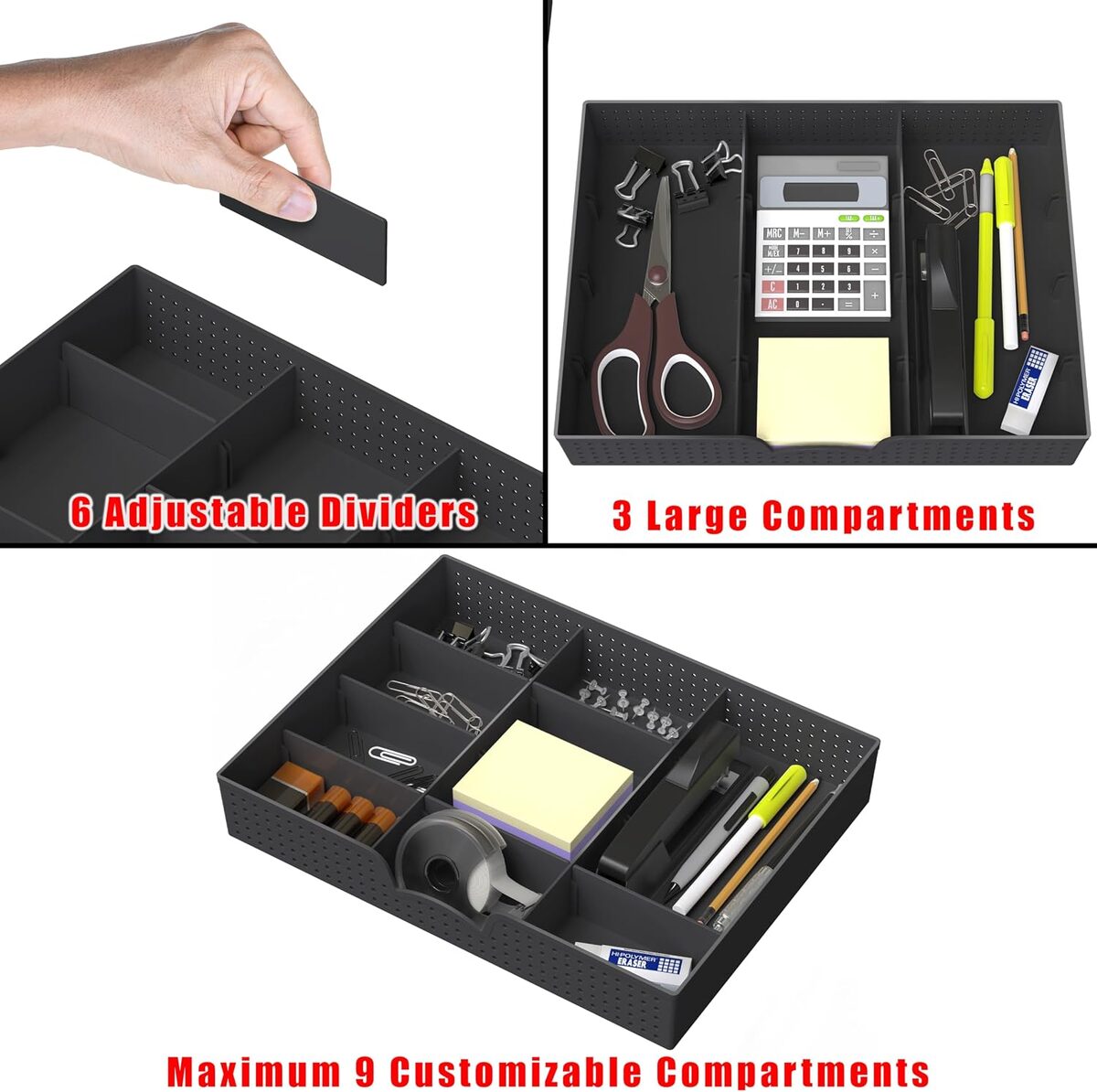 Black Drawer Organizer Tray With 9 Adjustable Compartments, Customizable Storage Divider For Kitchen, Bedroom And Office