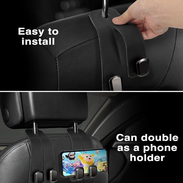 Car Hooks For Headrest, 2Pcs Seat Back Storage Hook Luxurious Leather Metal Multifunctional Car Hanger & Holder For Heatrest, Seat, Bag, Purse Black