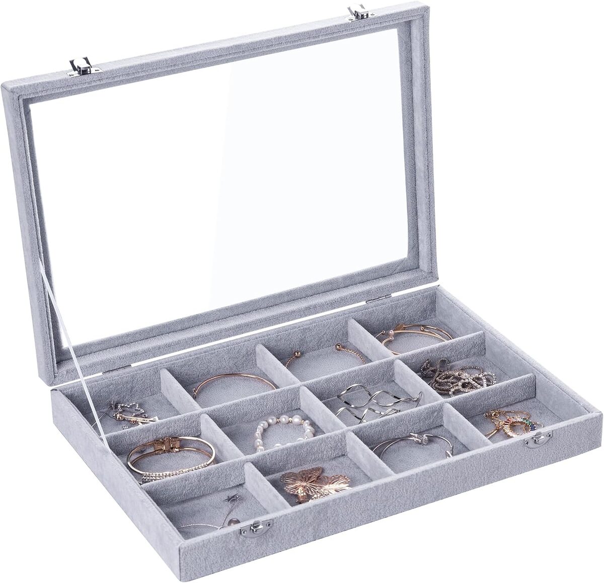 12 Grid Velvet Jewelry Organizer Tray With Clear Lid, Drawer Storage Box For Necklaces, Bracelets, Rings And Earrings, Gray